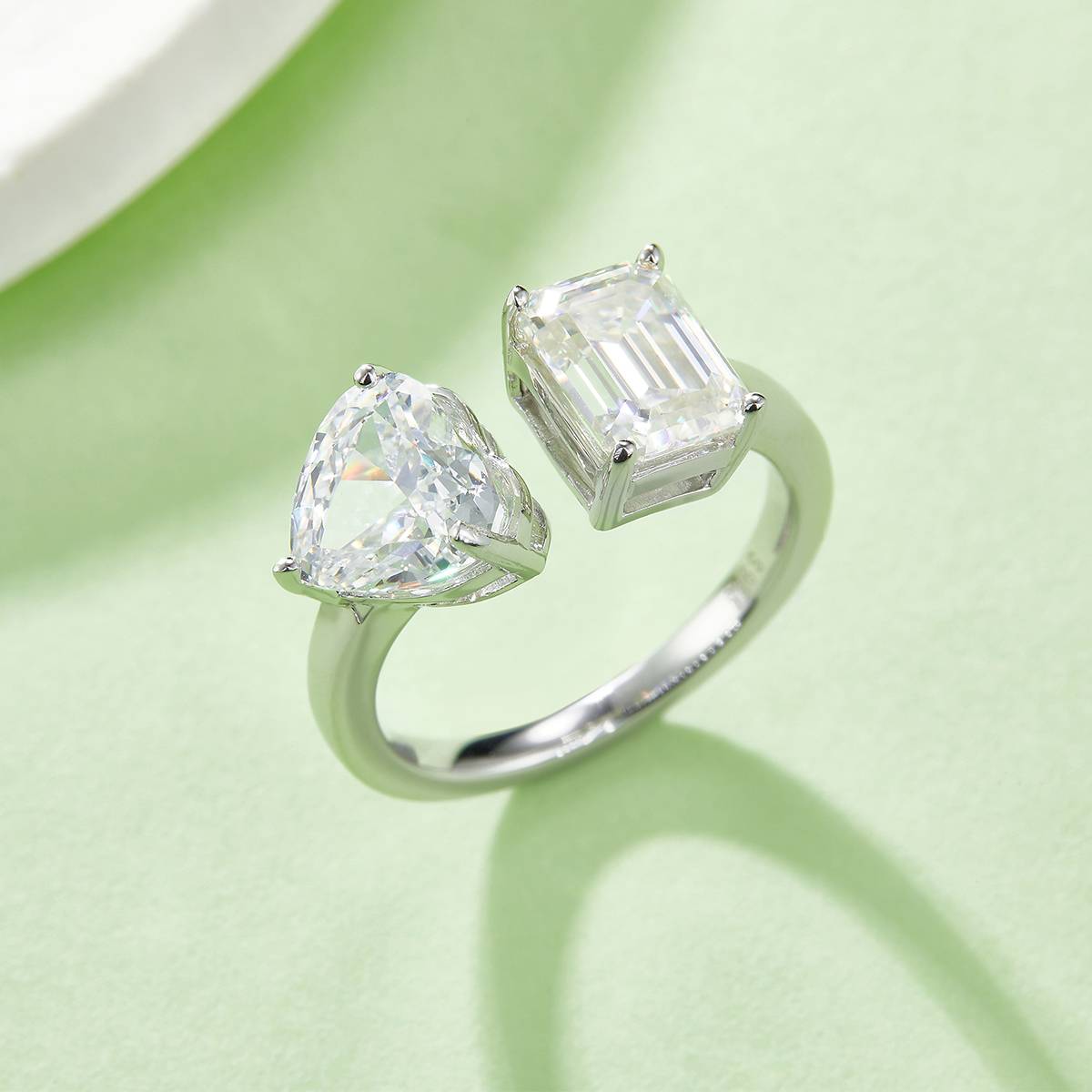 Heart Ice Flower Cut AND Rectangular Moissanite 925 Silver Plated Platinum Women's Ring 2 Carat D-Class